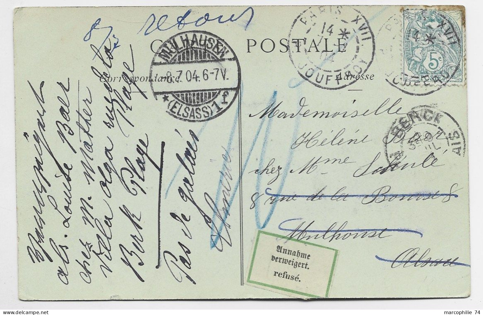 FRANCE BLANC 5C SEUL.CARTE PARIS 1904 POUR MULHOUSE ALSACE + ETIQUETTE REFUSE - 1900-29 Blanc