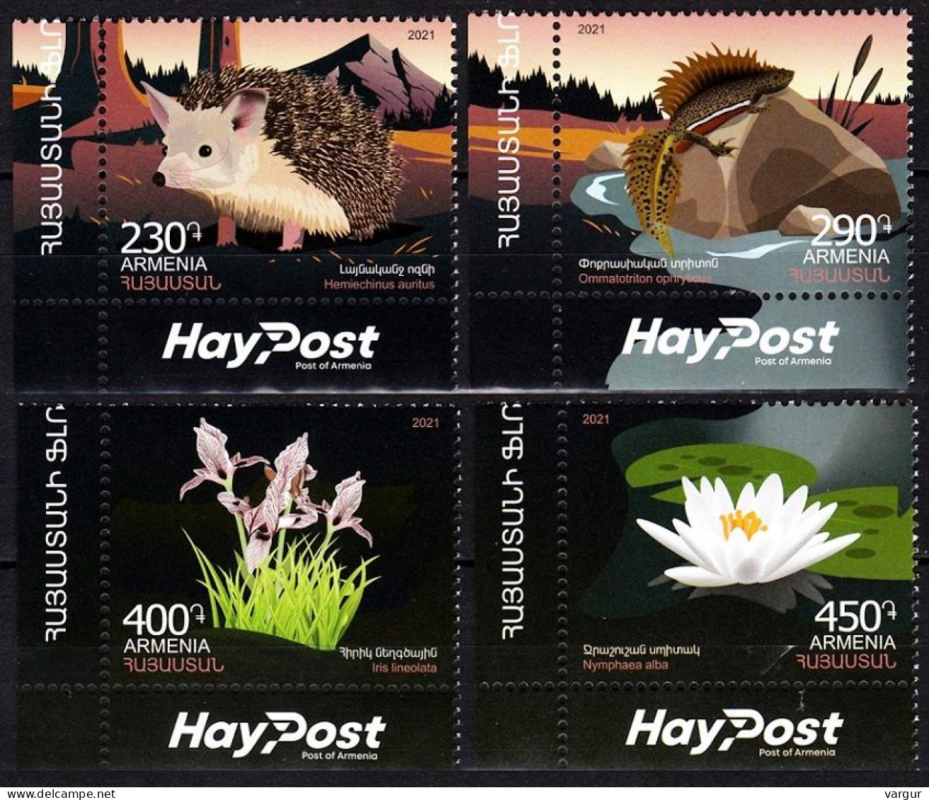 ARMENIA 2021-35 Flora And Fauna. Hedgehog, Newt And Flowers. HayPost CORNER, MNH - Umweltschutz Und Klima