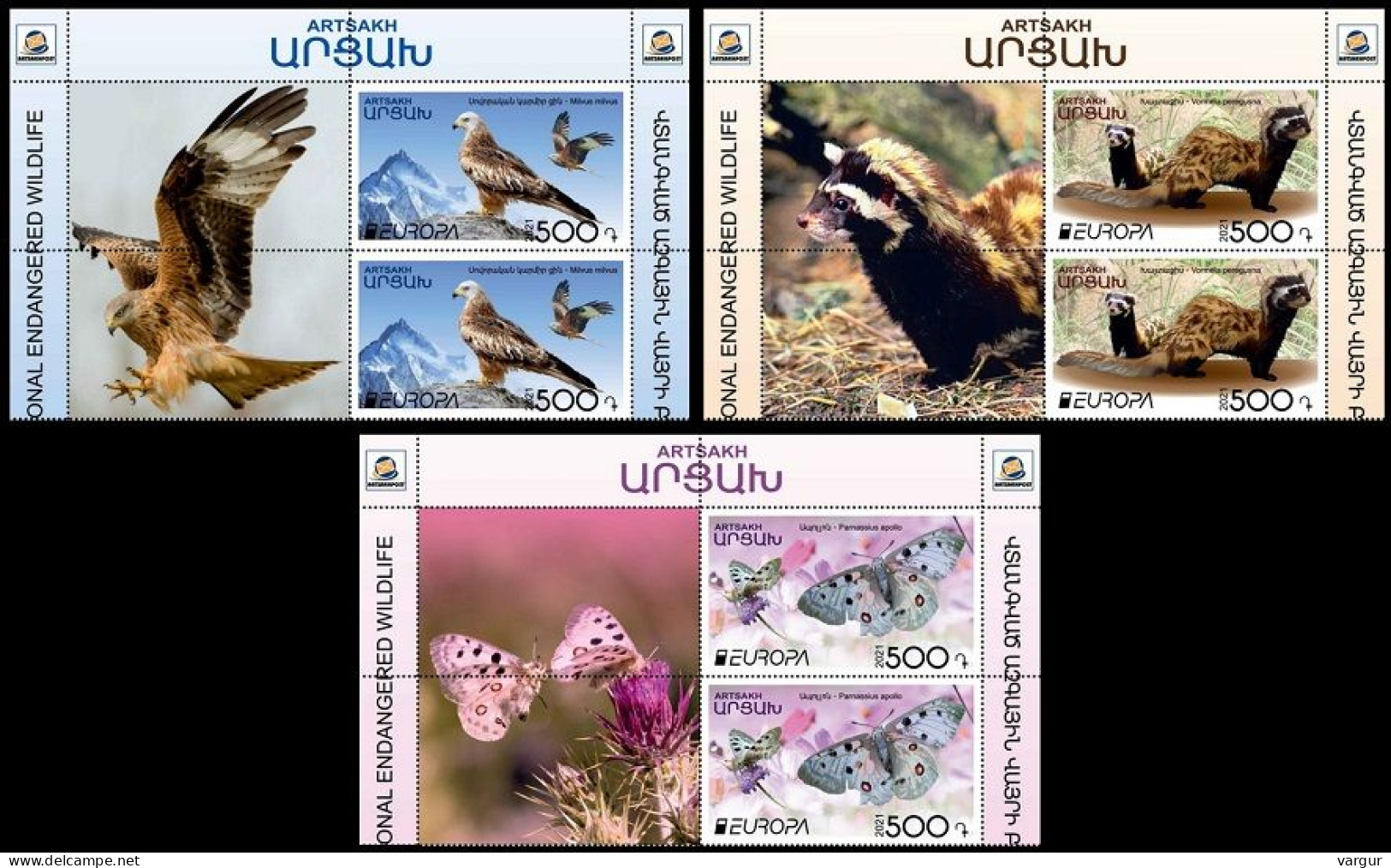 ARMENIA KARABAKH ARTSAKH 2021-01 EUROPA: Endangered Animals. Blocks 2v+2Lab, MNH - 2021