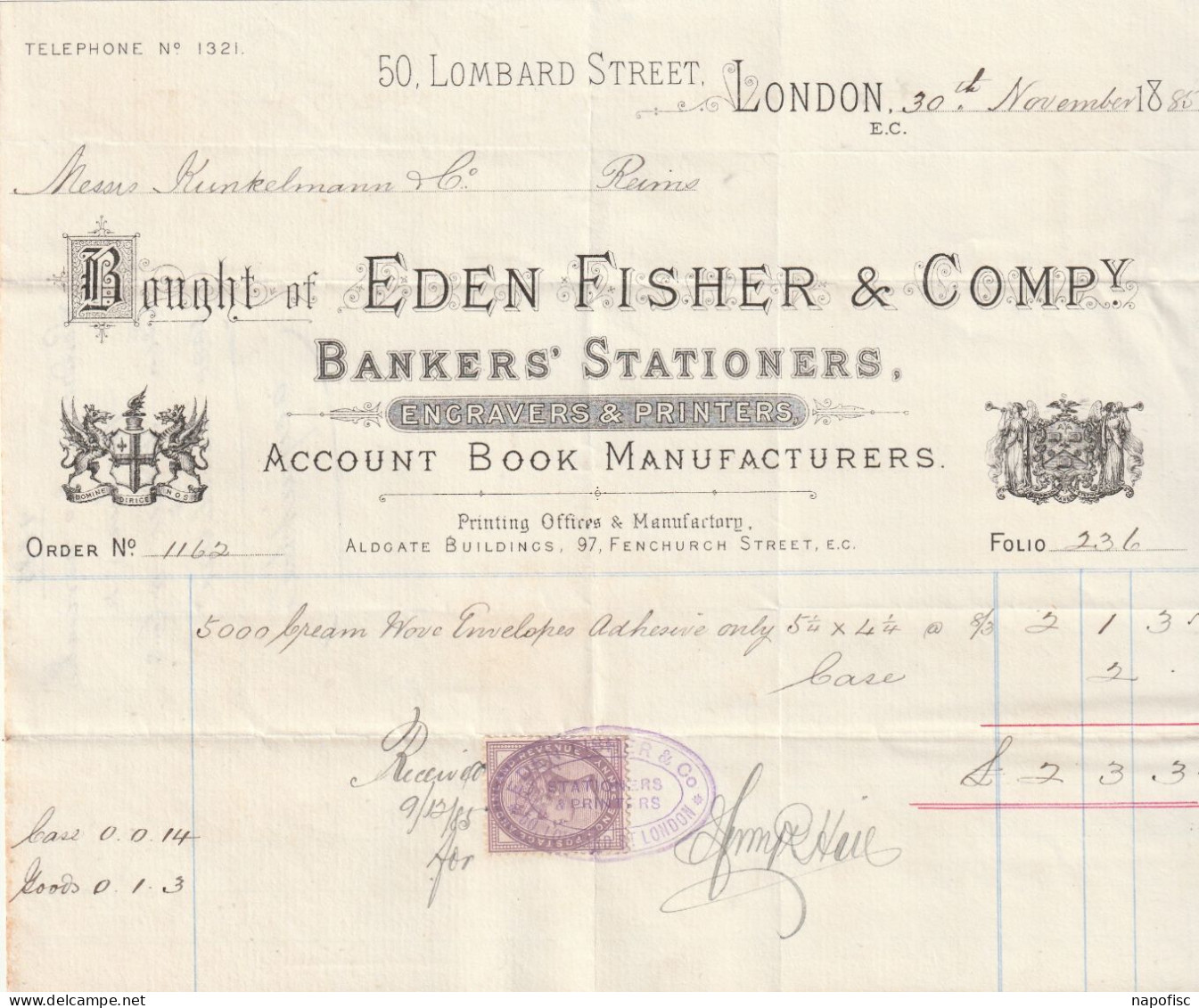 98-E.Fisher & Co...Bankers' Stationers...London...(U.K) ...1885 - Regno Unito
