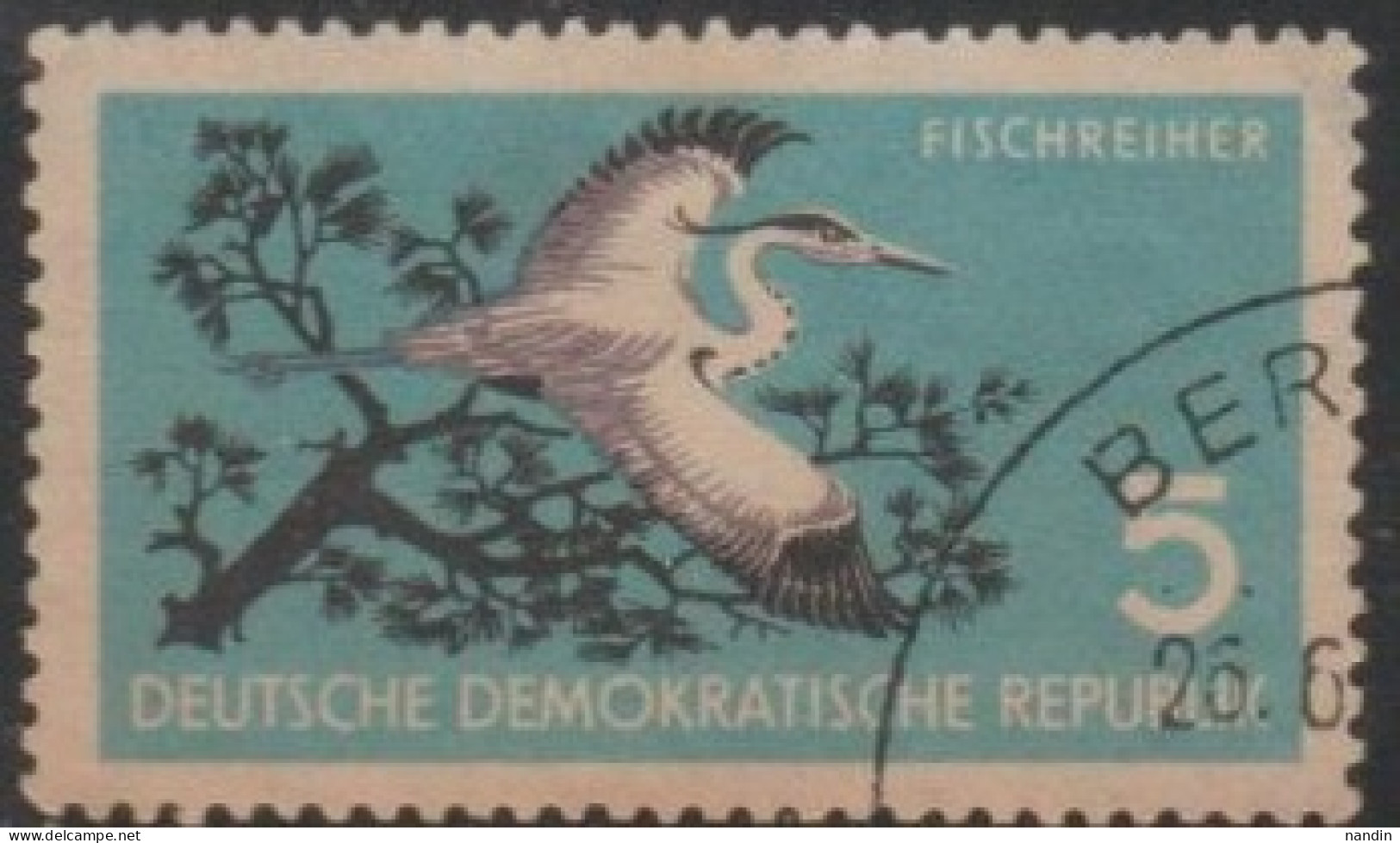 1959 DDR USED STAMP  ON BIRDS/ Nature Protection/Ardea Cinerea & Pinus Sylvestris-Grey Heron - Cicogne & Ciconiformi