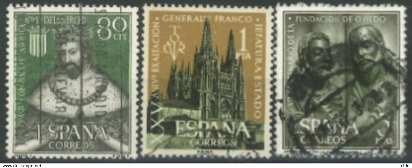 SPAIN, 1961/63, KING JAMES I, CATHEDRALAT BURGOS & APOSTES SCULPTURE STAMPS SET OF 3, # 1183,1912,& 1038, USED. - Gebraucht