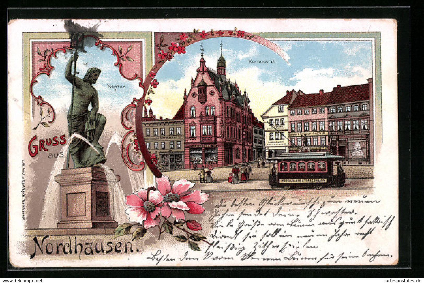 Lithographie Nordhausen, Kornmarkt Mit Geschäften Und Strassenbahn, Neptun  - Strassenbahnen