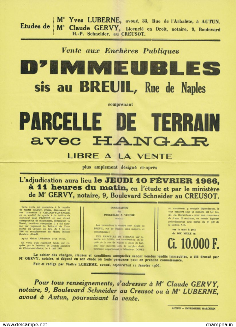 Vente Aux Enchères Publiques D'immeubles Sis Au Breuil (71) - 10 Février 1966 - Notaire Me Luberne Autun & Gervy Creusot - Non Classificati