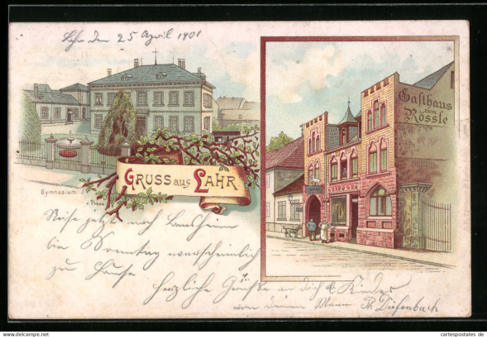 Lithographie Lahr, Gasthaus Zum Rössle, Gymnasium V. Preen  - Lahr