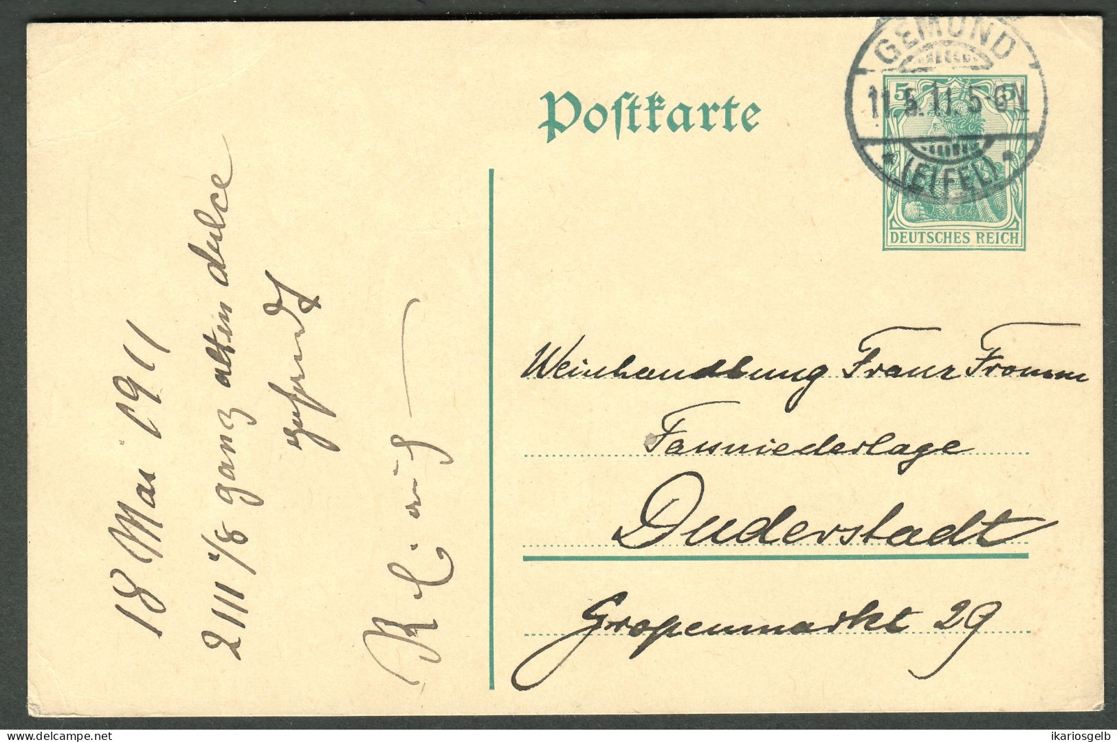 GEMÜND Eifel 1911 GANZSACHE 5-Pf-Germania P90 + Ortsstempel  Heimatbeleg > Duderstadt - Cartoline