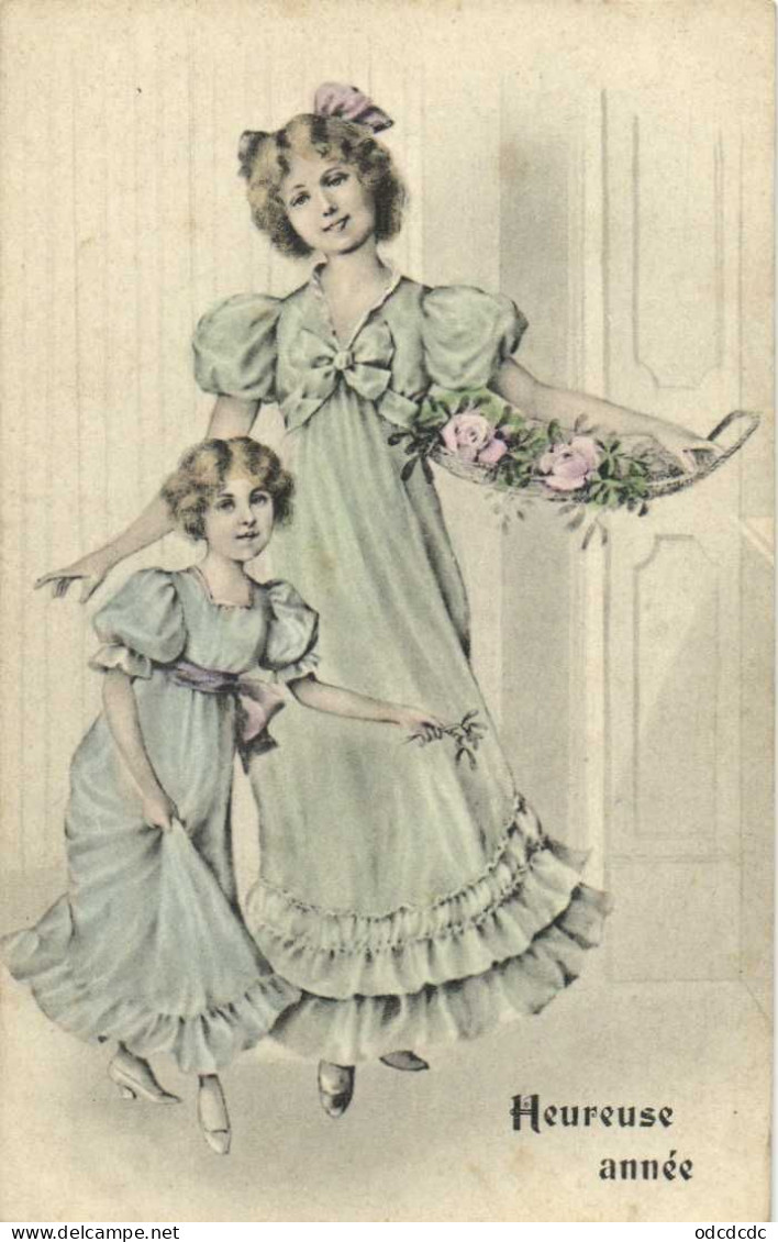 Illustrateur Heureuse Année Jeune Femme Et Fillette  Gui Roses RV - Neujahr