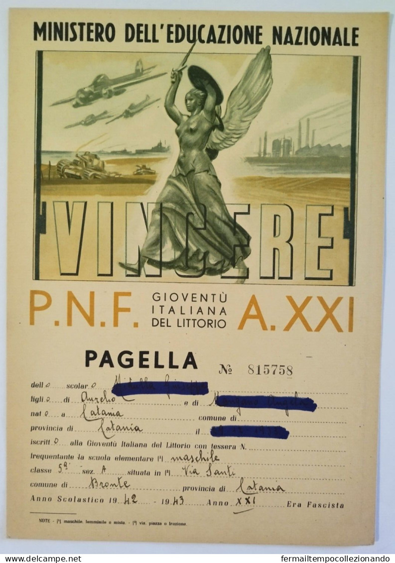 Bp110 Pagella Fascista Opera Balilla Regno D'italia Bronte Catania 1943 - Diplomas Y Calificaciones Escolares