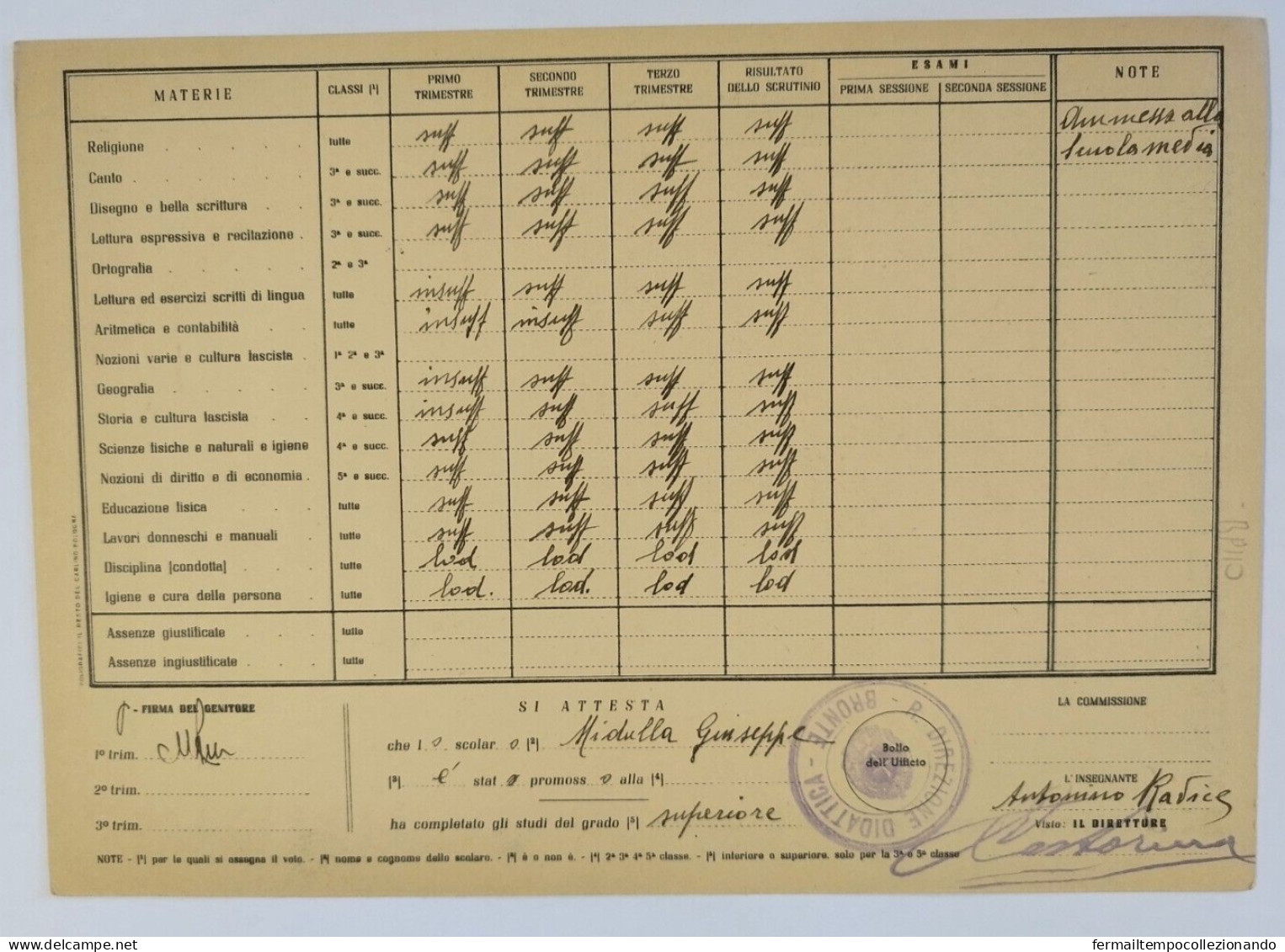 Bp110 Pagella Fascista Opera Balilla Regno D'italia Bronte Catania 1943 - Diploma & School Reports