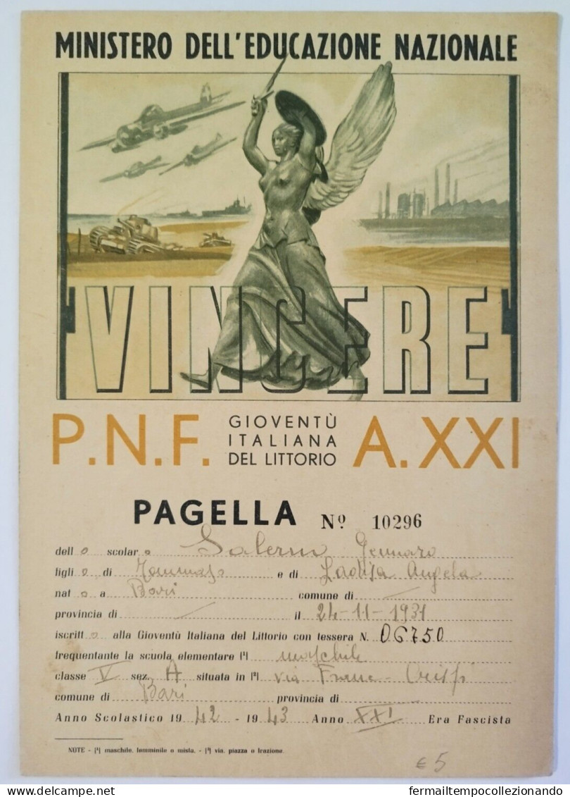 Bp111 Pagella Fascista Opera Balilla Regno D'italia Bari 1943 - Diploma's En Schoolrapporten
