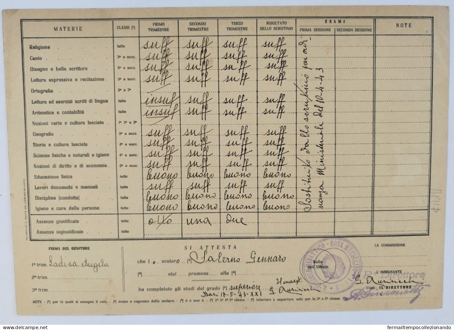 Bp111 Pagella Fascista Opera Balilla Regno D'italia Bari 1943 - Diploma & School Reports