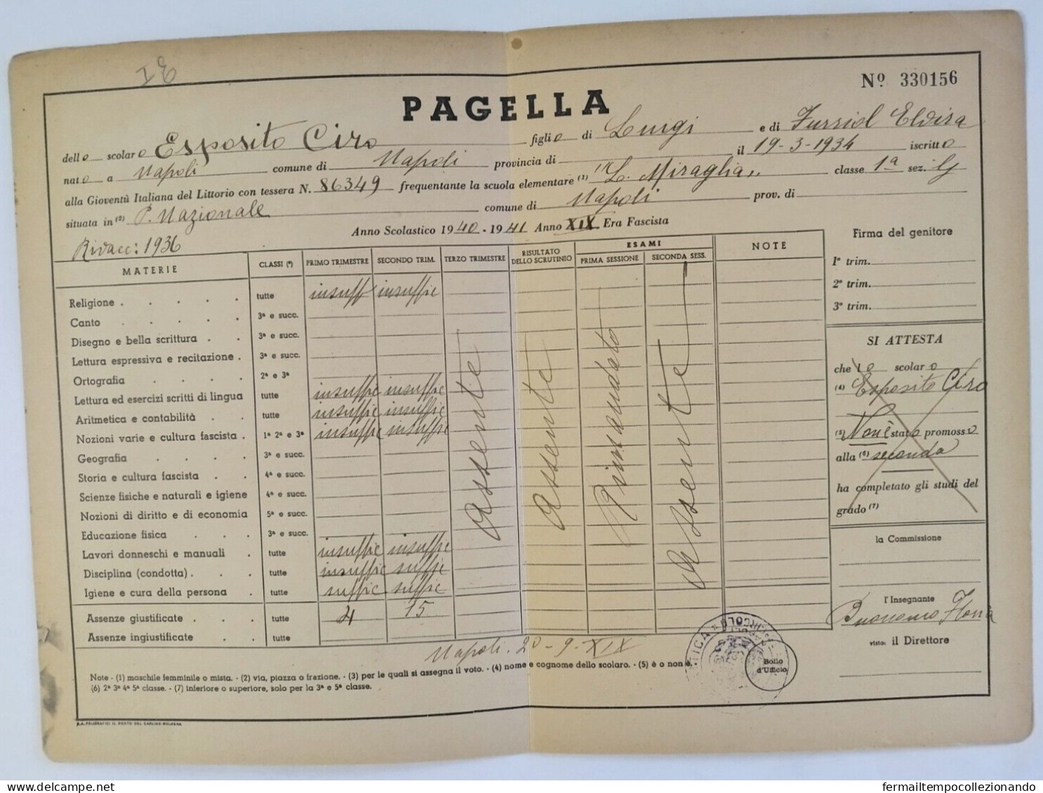 Bp114 Pagella Fascista Opera Balilla Regno D'italia Napoli 1941 - Diploma's En Schoolrapporten