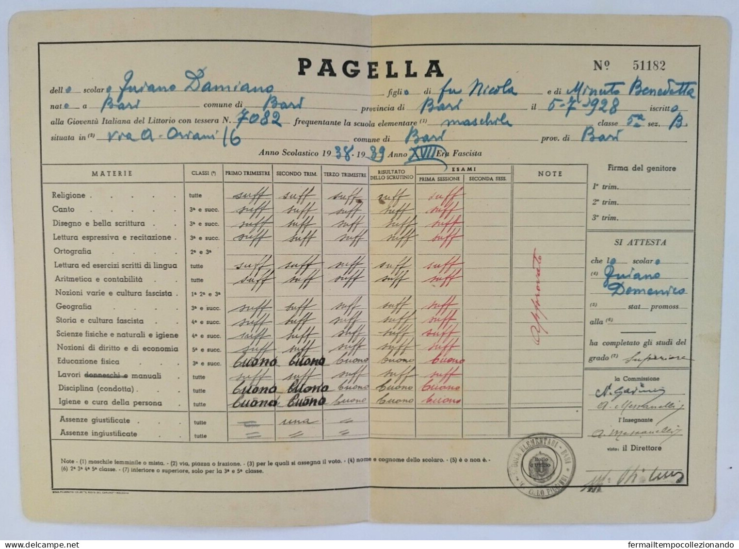 Bp116 Pagella Fascista Opera Balilla Regno D'italia Bari 1939 - Diploma & School Reports