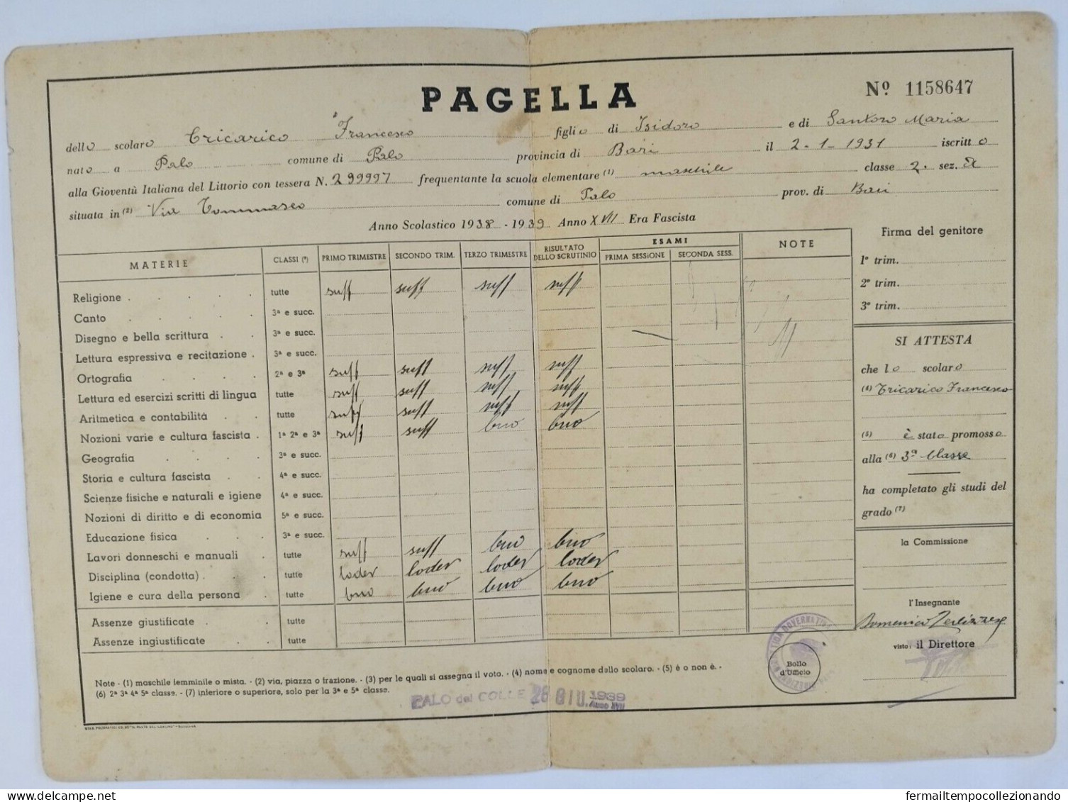 Bp117 Pagella Fascista  Regno D'italia Gioventu' Del Littorio Palo Bari 1939 - Diploma's En Schoolrapporten