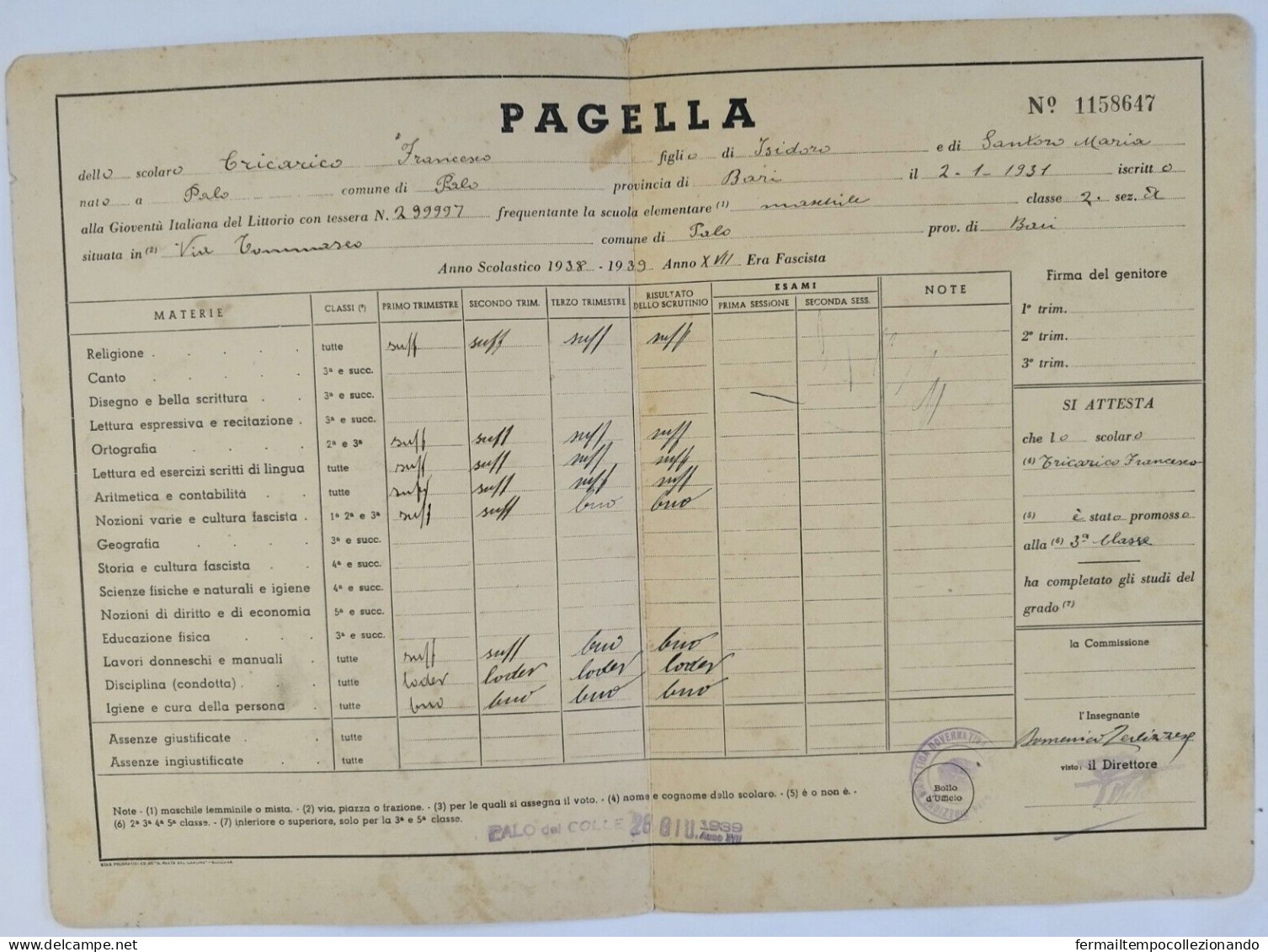 Bp117 Pagella Fascista  Regno D'italia Gioventu' Del Littorio Palo Bari 1939 - Diploma & School Reports