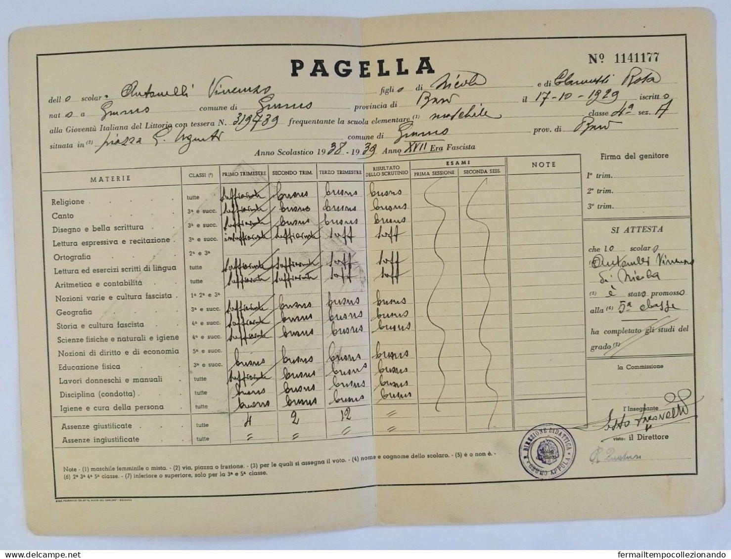 Bp118 Pagella Fascista  Regno D'italia Gioventu' Del Littorio Grumo Appula Bari - Diploma's En Schoolrapporten