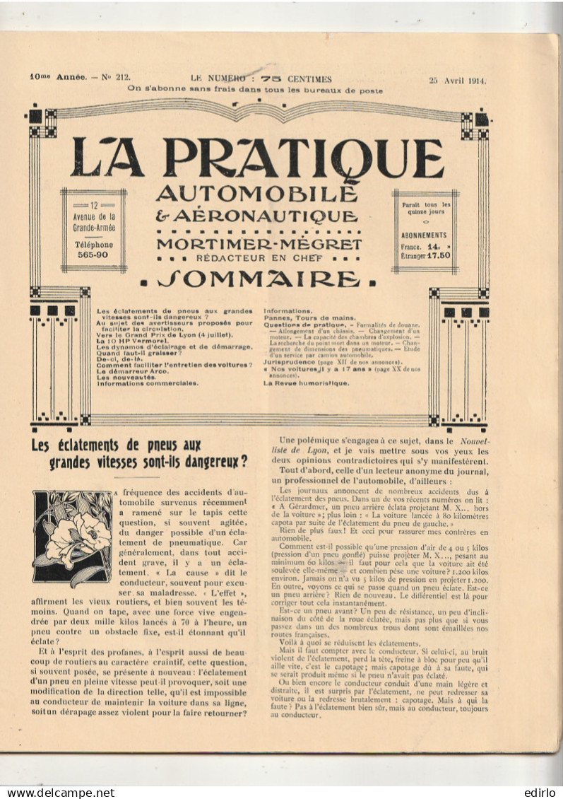 ***  REVUE ****  LA PRATIQUE AUTOMOBILE   1914 --   N° 212 --  Avec De Nombreuses Et  Belles Publicités Auto  - 1900 - 1949