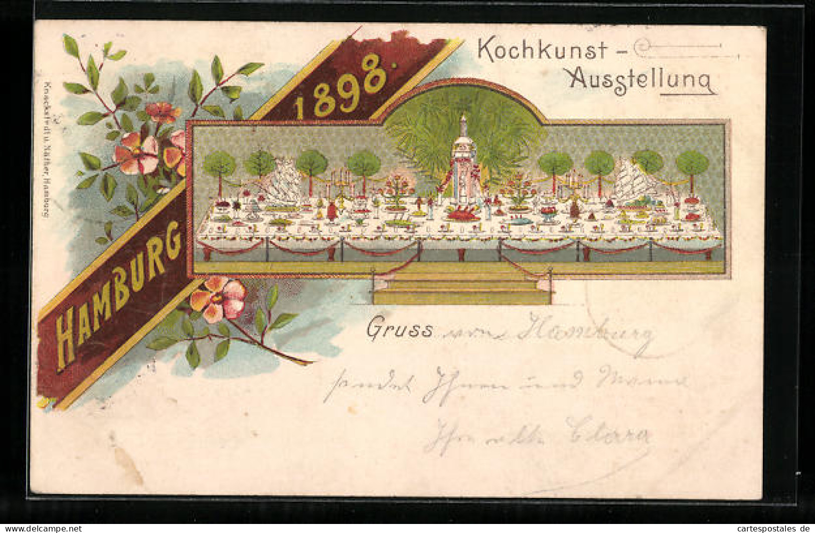 Lithographie Hamburg, Kochkunst-Ausstellung 1898, Buffet Mit Zubereiteten Speisen  - Exhibitions