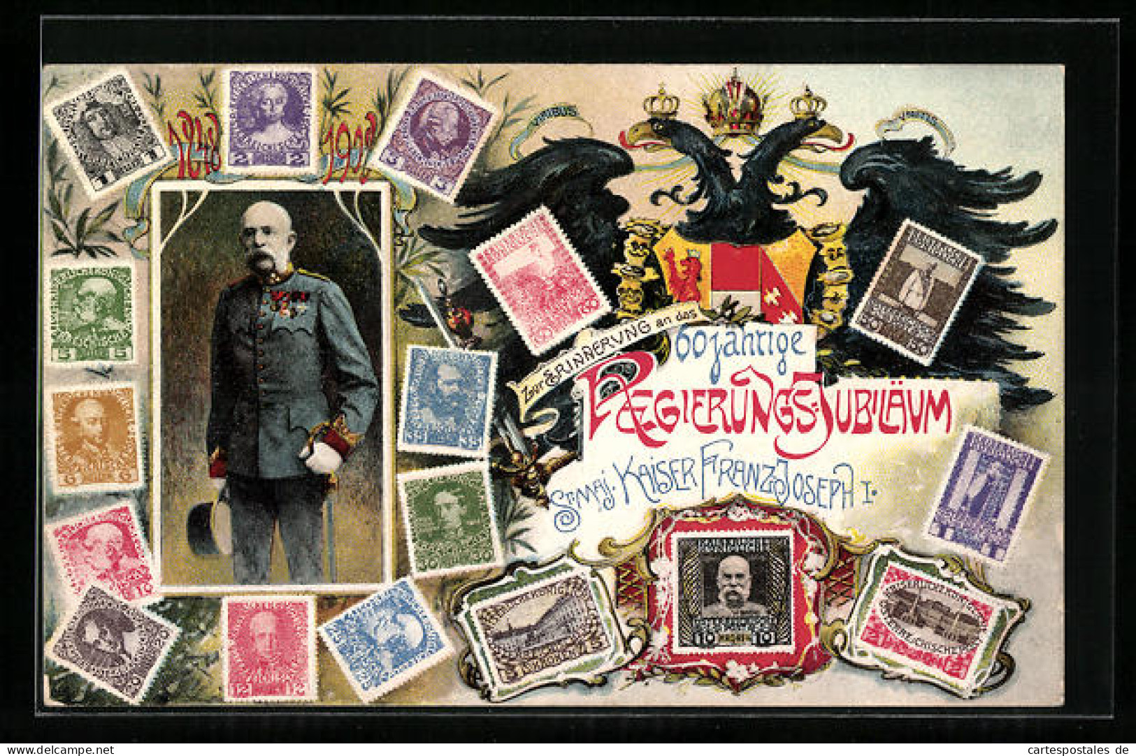 AK Sechzigjährige Regierungs-Jubiläum Sr. Majestät Kaiser Franz-Joseph I., 1848-1908, Briefmarken Und Wappen  - Familles Royales