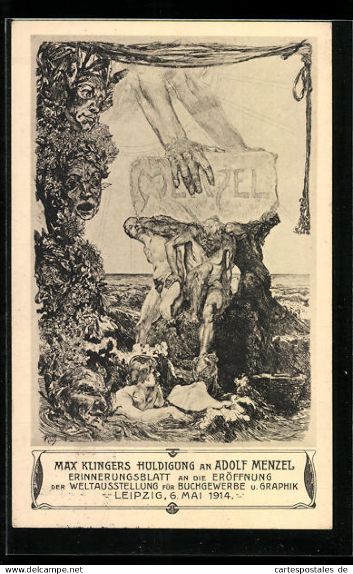 Künstler-AK Ganzsache PP27C249 /03: Leipzig, Weltausstellung Für Buchgewerbe U. Graphik 1914, Huldigung An Adolf Men  - Expositions