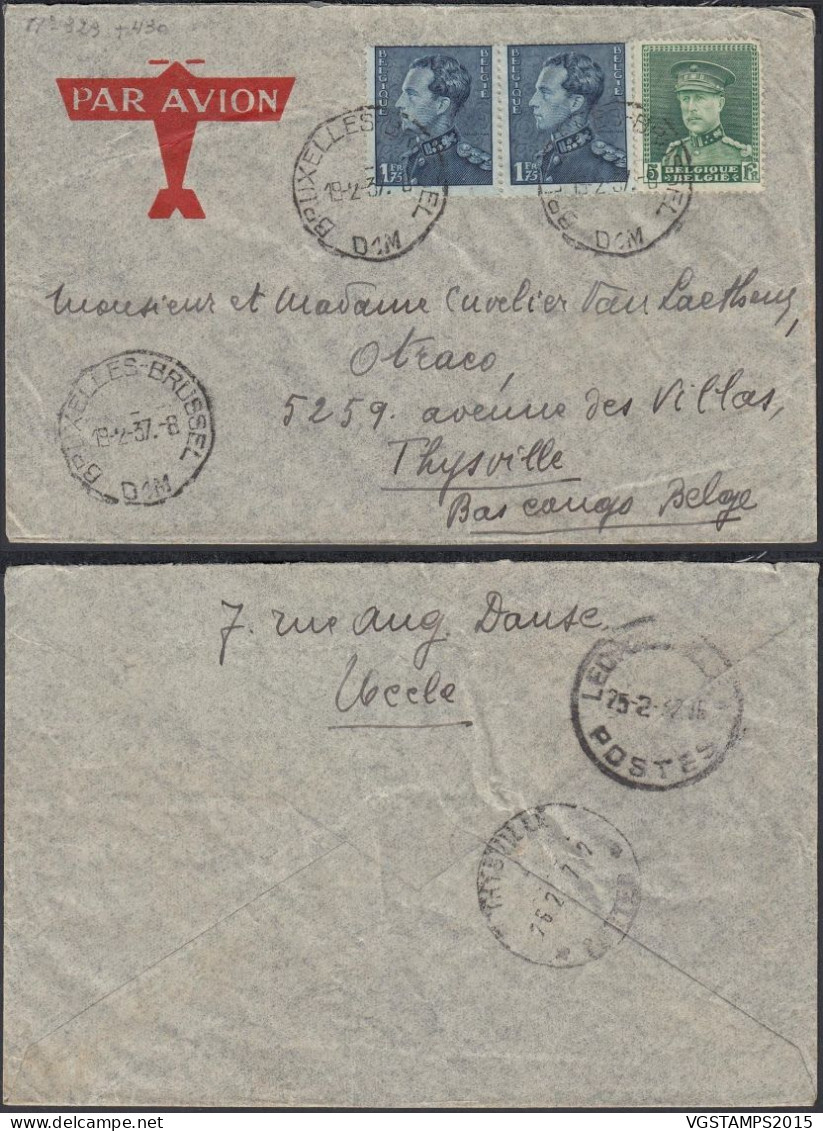 Congo Belge 1937 - Lettre Par Avion De Bruxelles Vers Thysville. Emis. Mixte: Poortman Et Casquette .... (EB) AR-02450 - Usados