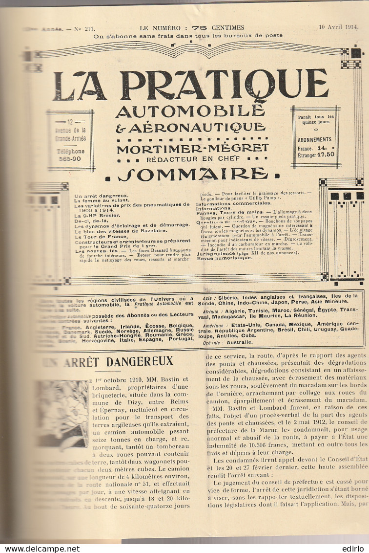 ***  REVUE ****  LA PRATIQUE AUTOMOBILE   1914 --   N° 211 --  Avec De Nombreuses Et  Belles Publicités Auto 40 Pages  - 1900 - 1949