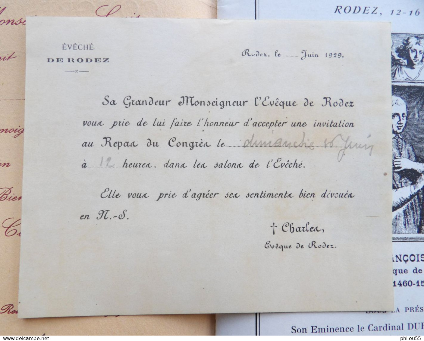 12 RODEZ  FETES du IVe Centenaire du Bx FRANCOIS D' ESTAING 1529 1929 + carte invitation Eveche de RODEZ