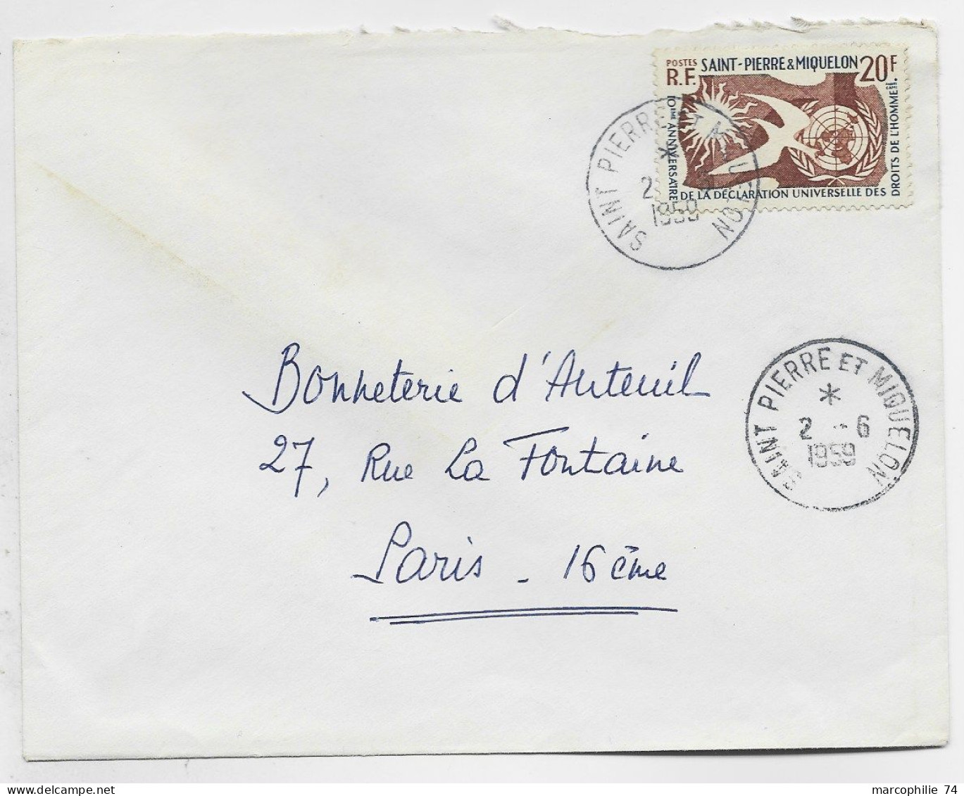 SAINT PIERRE ET MIQUELON 20FR DROITS DE L'HOMME LETTRE COVER SAINT PIERRE ET MIQUELON 2.6.1959 - Cartas & Documentos