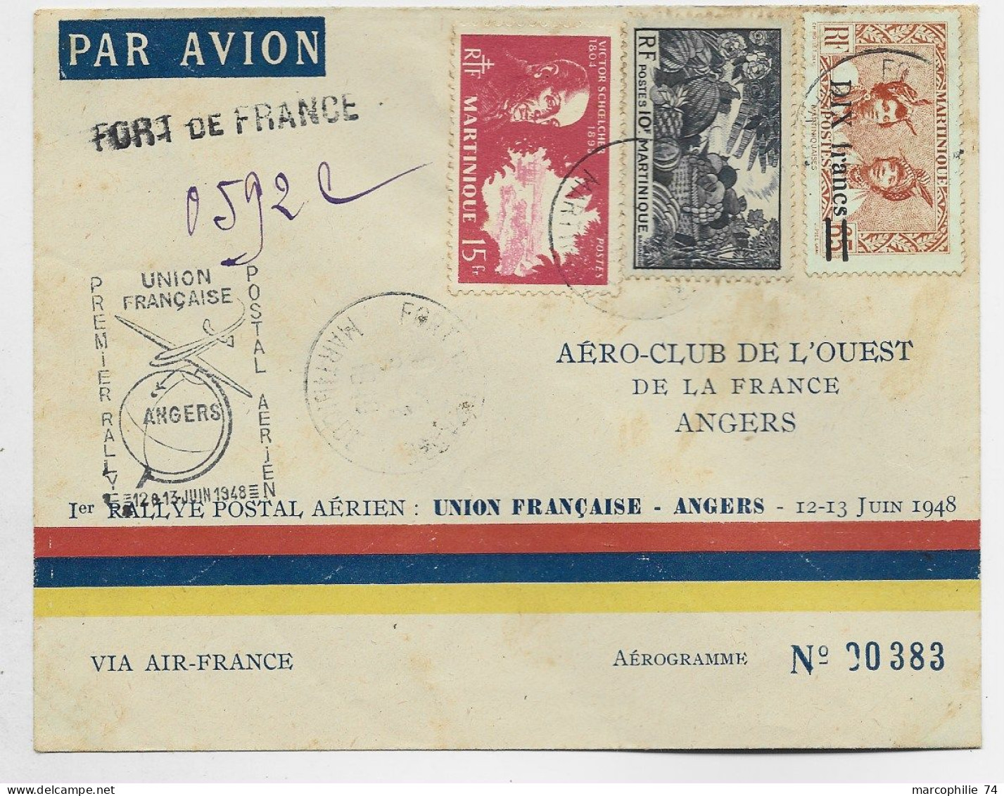 MARTINIQUE 10FR+15FR +10FR LETTRE REC PROVISOIRE AVION FORT DE FRANCE 1949 POUR ANGERS VIA AIR FRANCE - Storia Postale