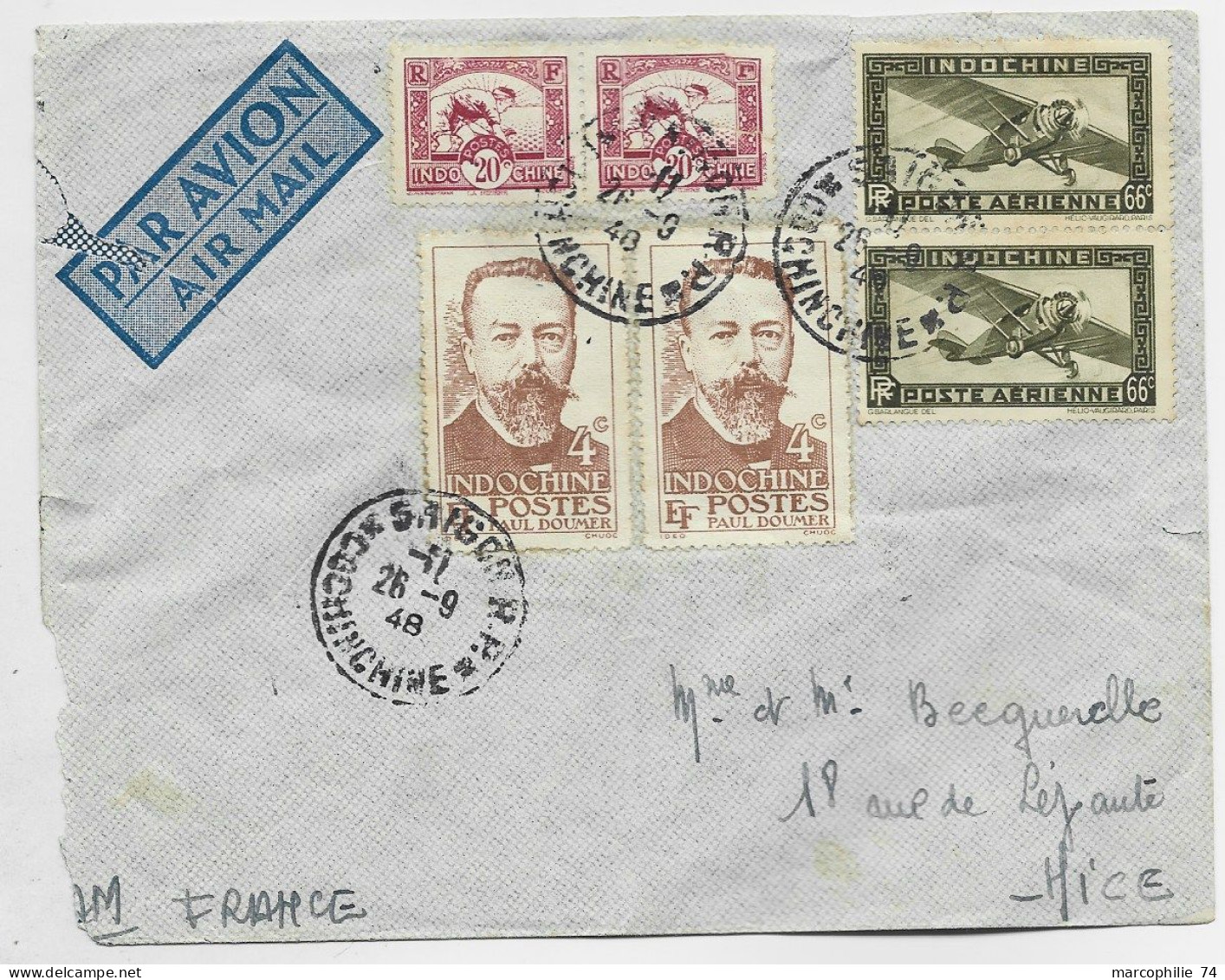 INDOCHINE 4CX2 DOUMER +20CX2+ PA 66CX2 LETTRE COVER AVION SAIGON 26.9.1948  T.O.E. COCHINCHINE POUR NICE - Storia Postale