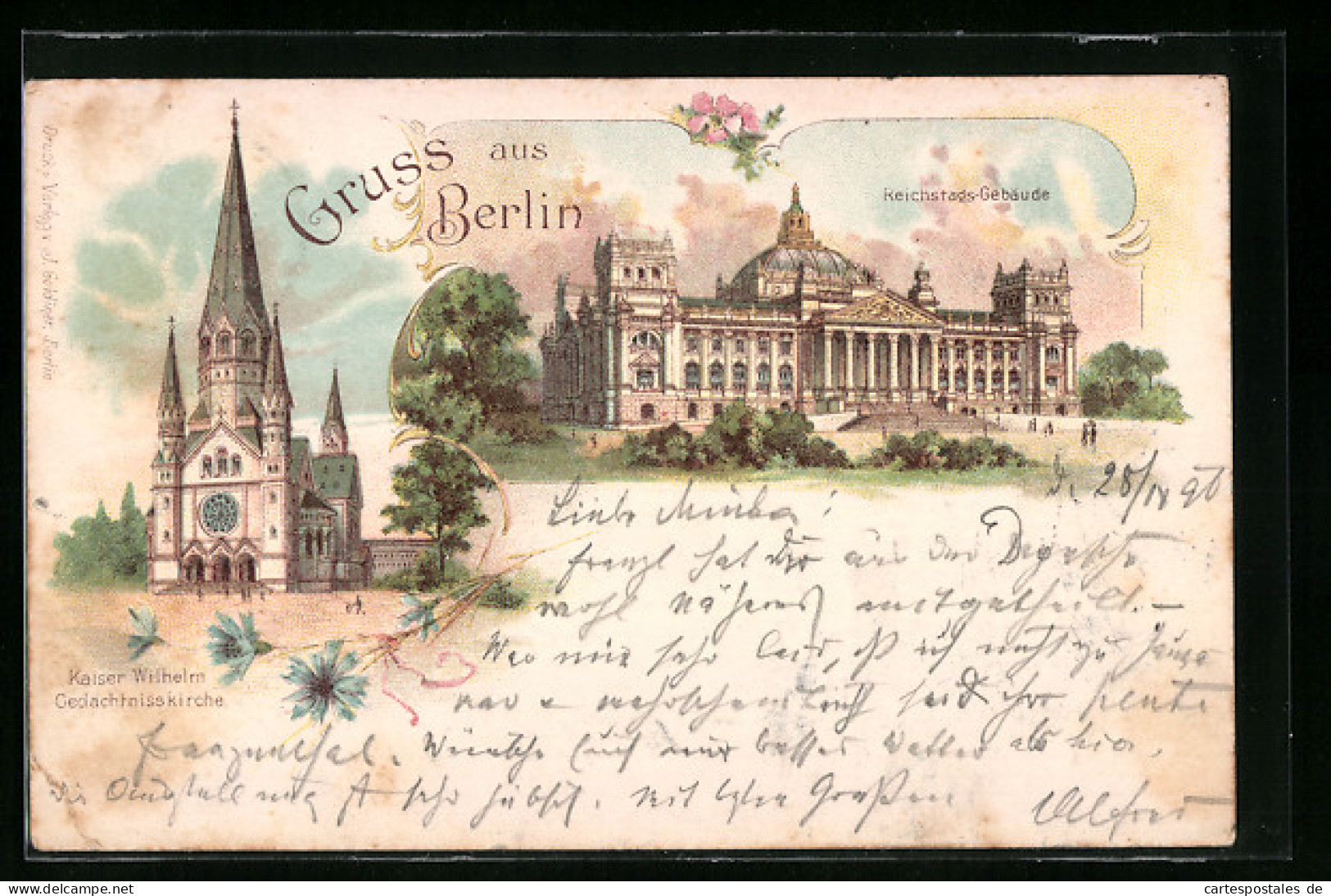 Lithographie Berlin, Reichstags-Gebäude, Kaiser Wilhelm-Gedächtniskirche  - Dierentuin