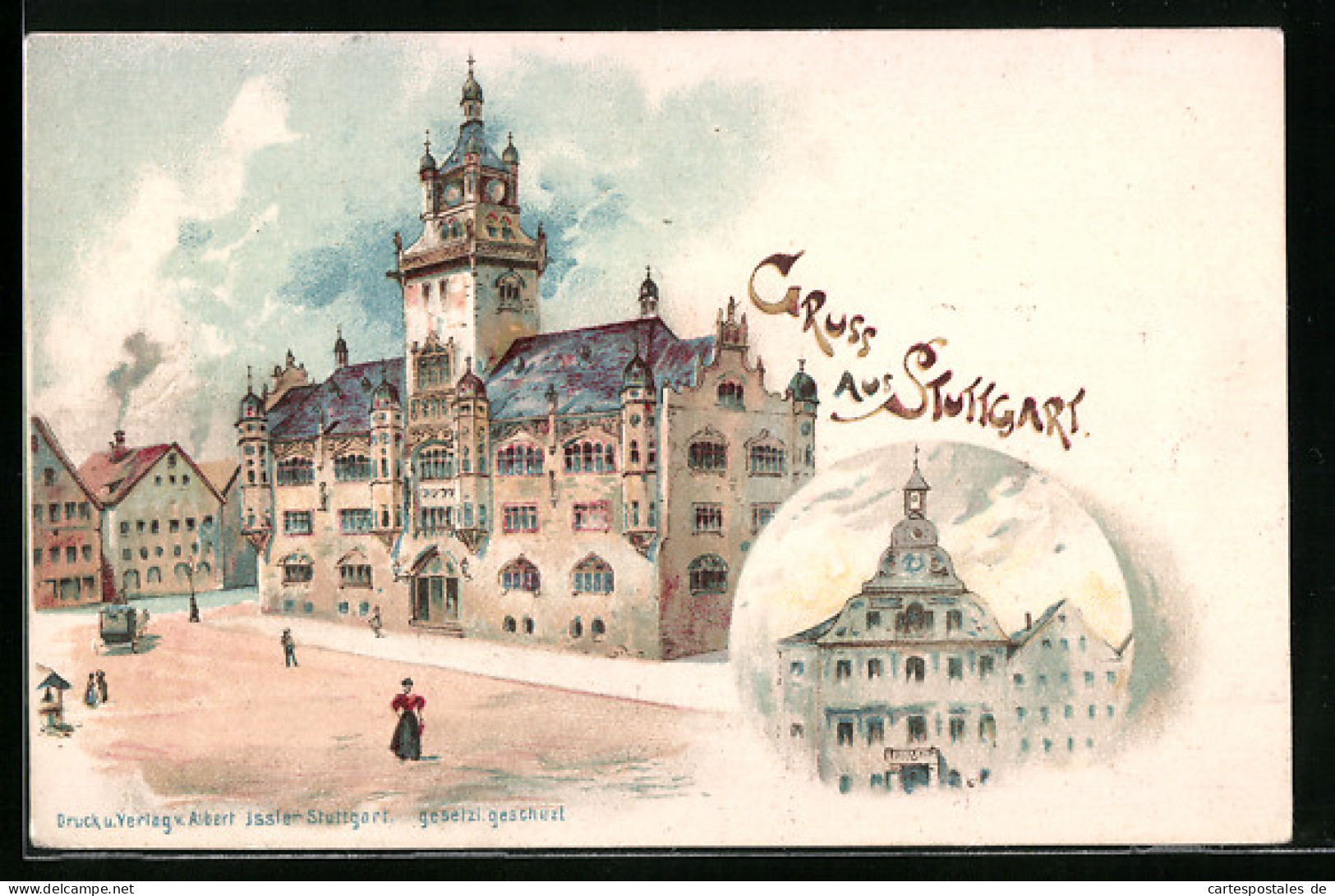 Lithographie Stuttgart, Altes Und Neues Rathaus  - Stuttgart