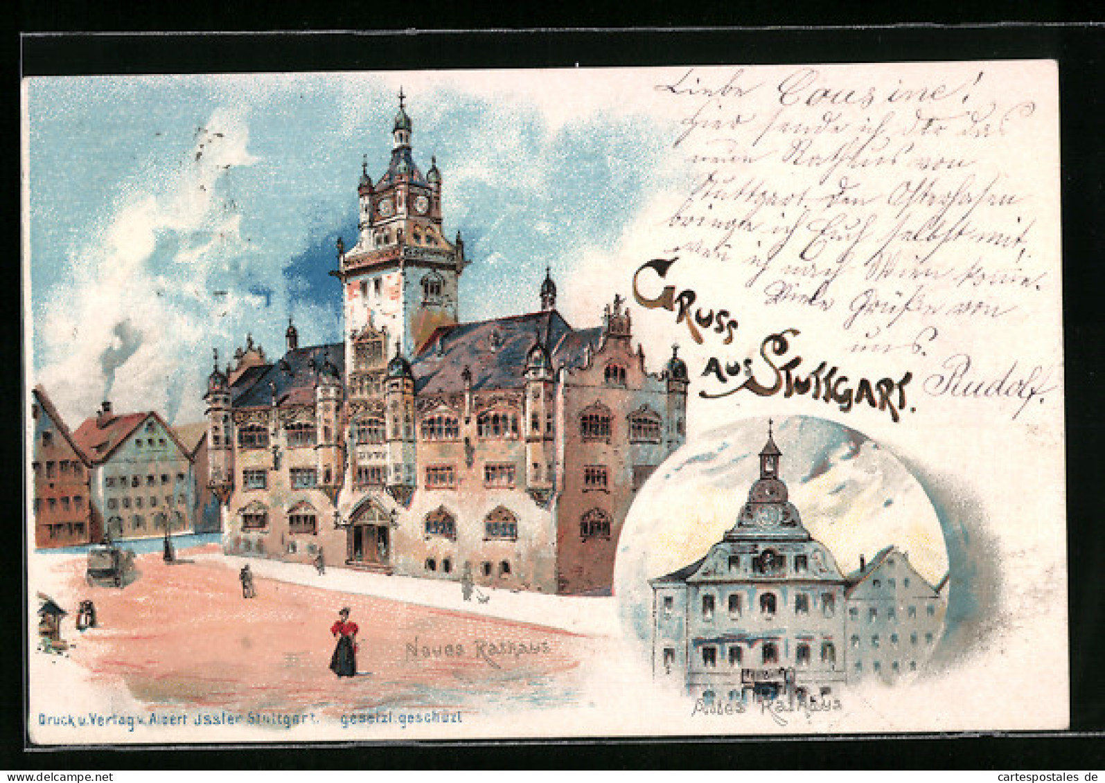 Lithographie Stuttgart, Altes Und Neues Rathaus  - Stuttgart