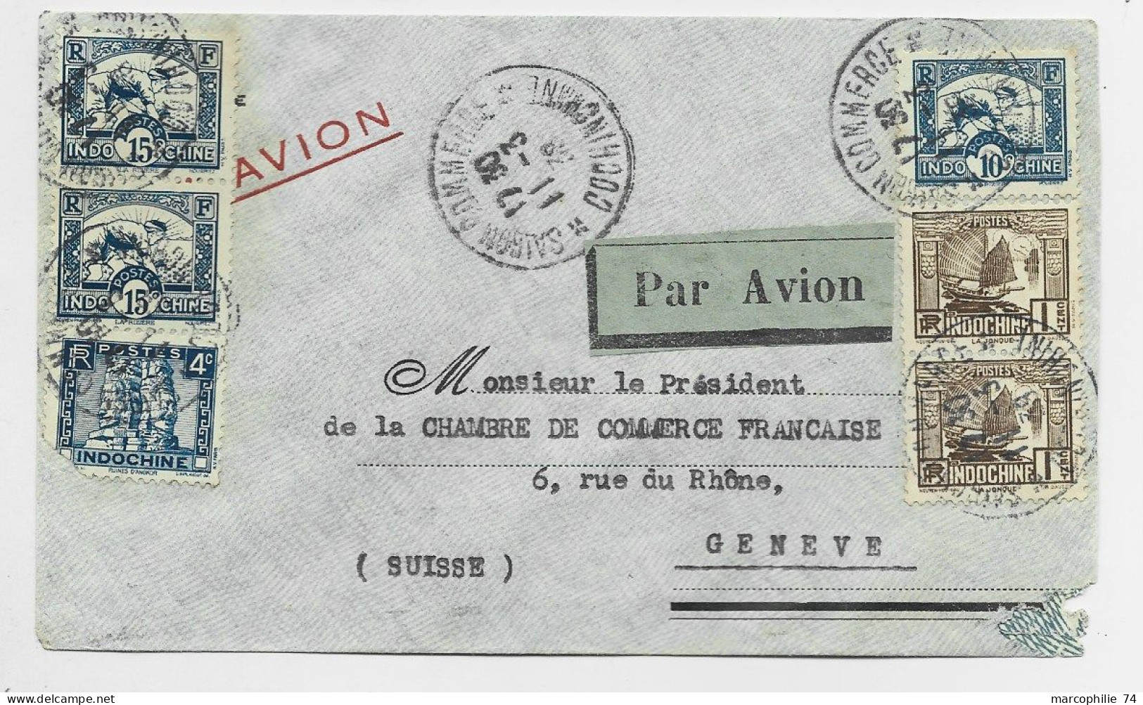 INDOCHINE 10C+1CX2+4C+15CX2 LETTRE COVER AVION SAIGON COMMERCE 11.3.1938 COCHINCHINE POUR GENEVE - Covers & Documents