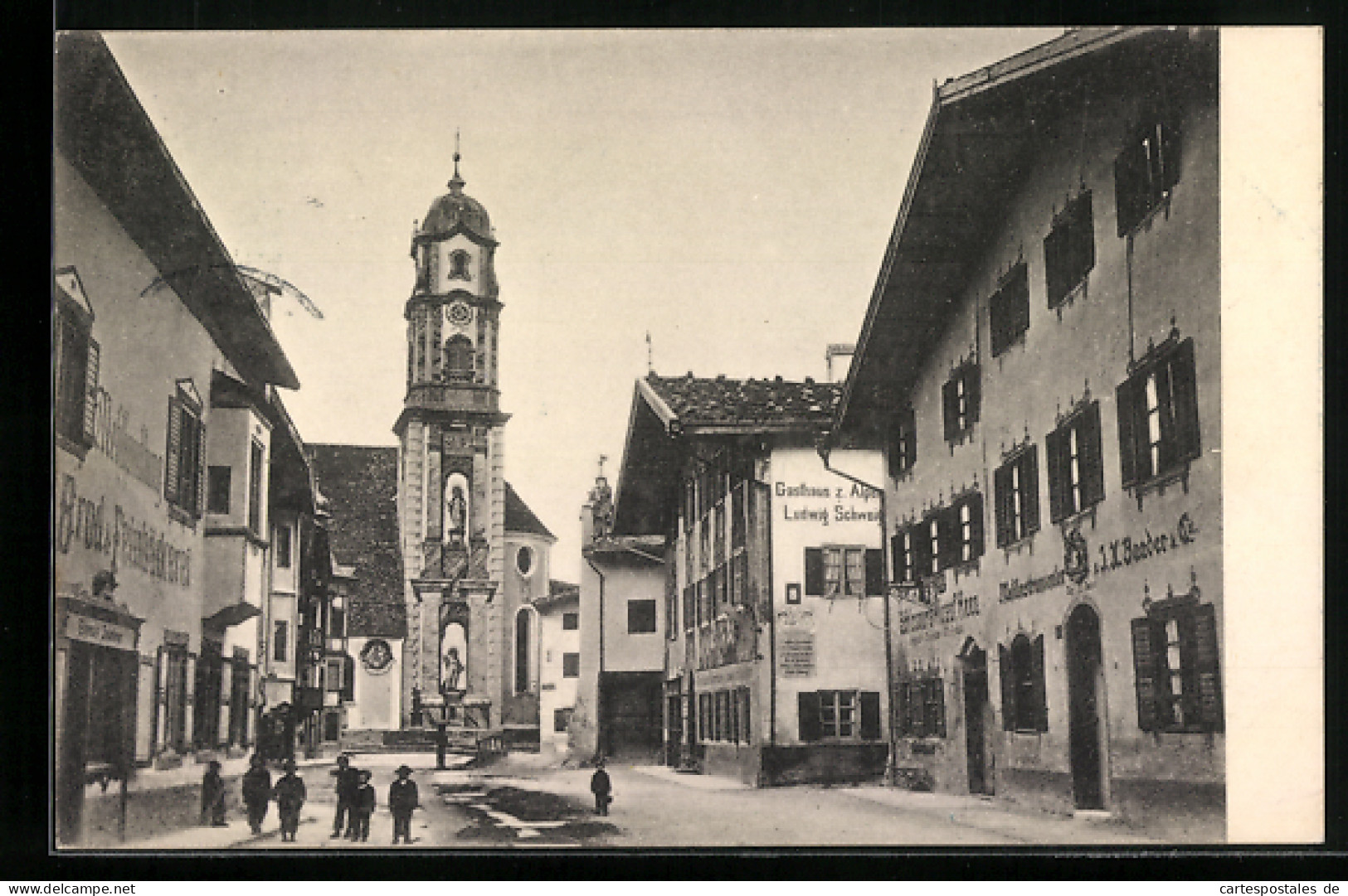 AK Mittenwald A. Isar, Gasthaus Z. Alpen Und Kirche Am Obermarkt  - Mittenwald