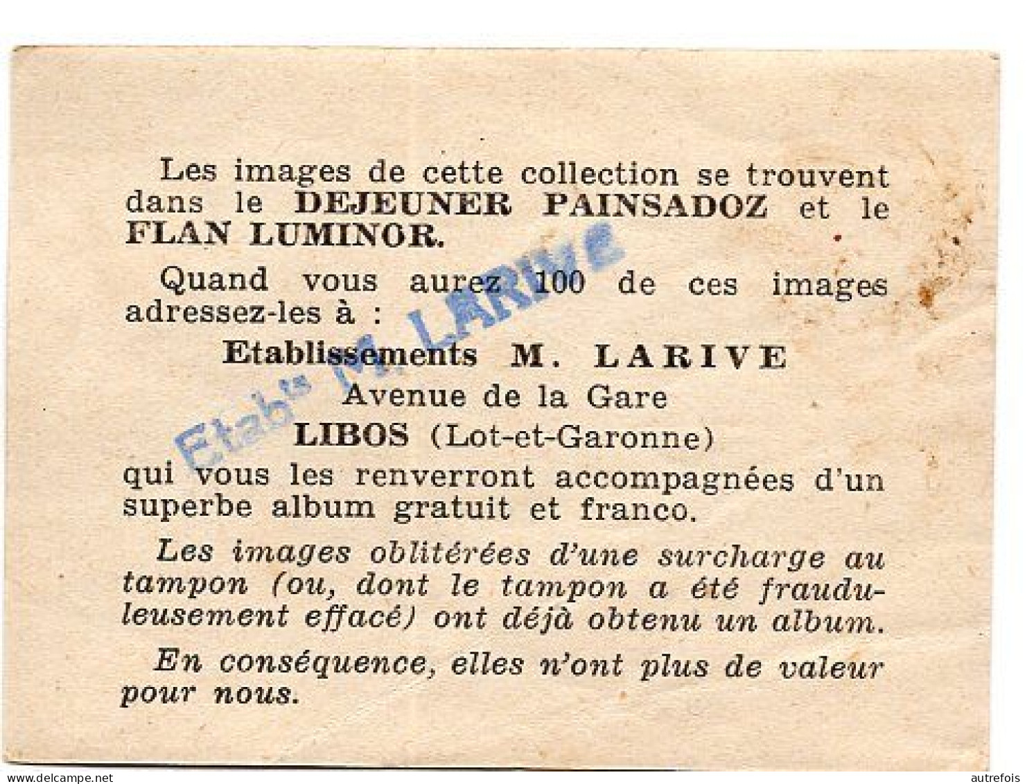 BARQUE DE TROUVILLE     CHROMO  PUB DEJEUNER PAINSADOZ ET FLAN LUMINOR - ETS M LARIVE LIBOS 47 - Autres & Non Classés