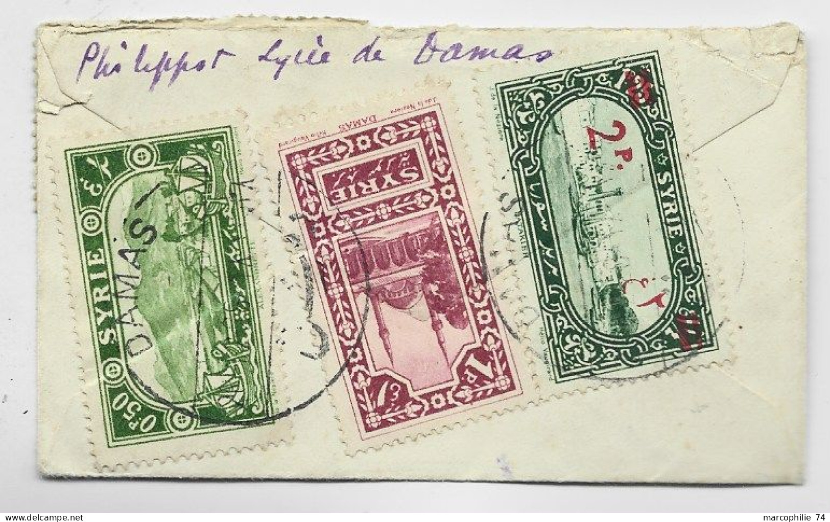 SYRIA SYRIE 2P+1P+0P50 AU VERSO MIGNONNETTE SMALL COVER + RECTO 0.P50 DAMAS 1928 TO FRANCE - Brieven En Documenten