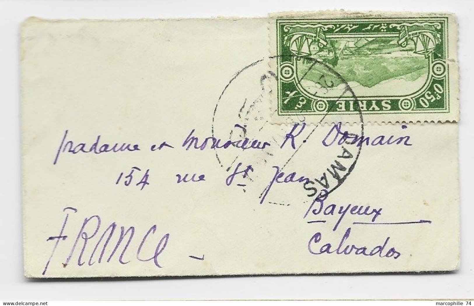 SYRIA SYRIE 2P+1P+0P50 AU VERSO MIGNONNETTE SMALL COVER + RECTO 0.P50 DAMAS 1928 TO FRANCE - Covers & Documents