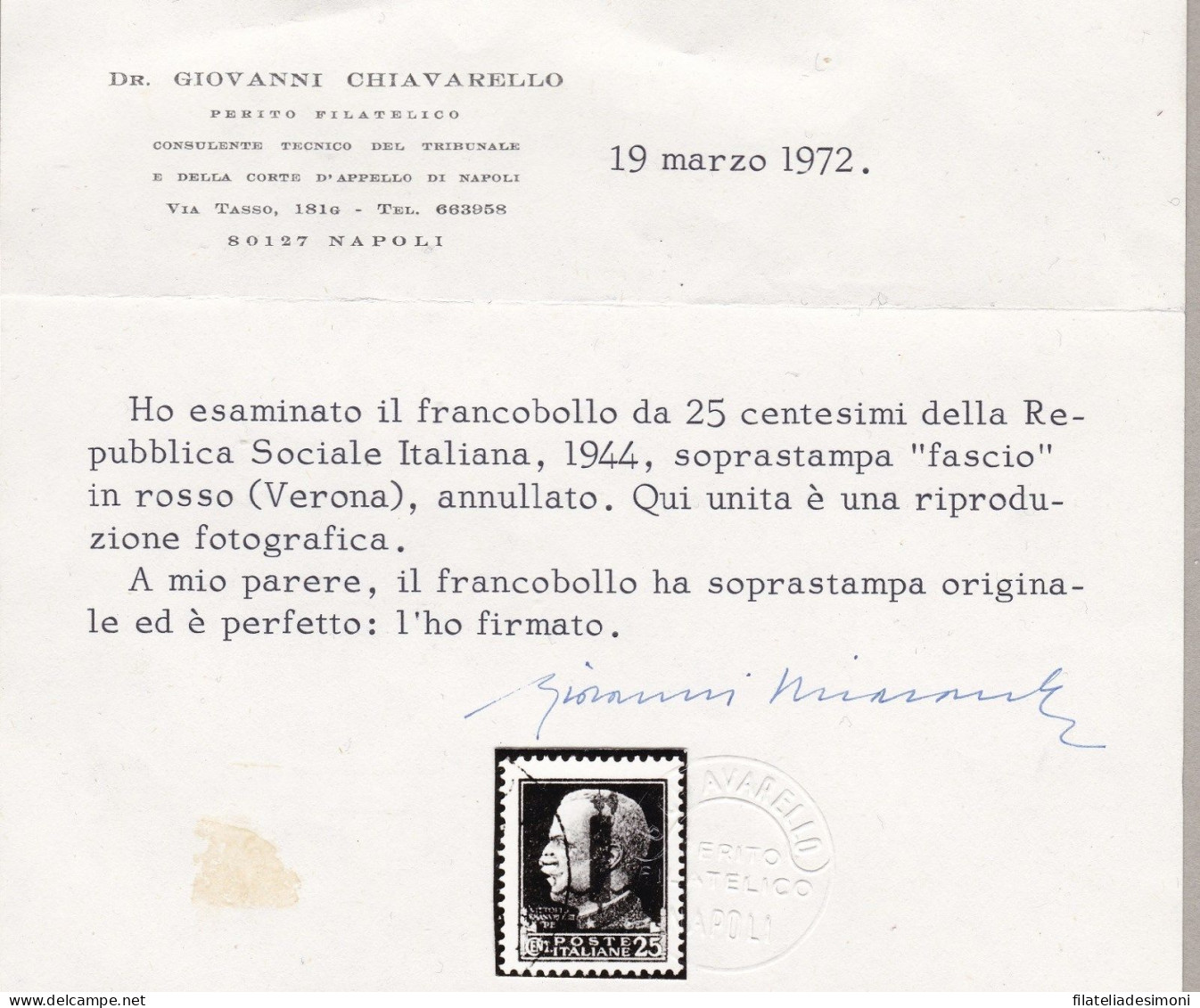 1944 Repubblica Sociale Italiana, N. 490 Usato - Cert. Chiavarello Firma Oliva - Autres & Non Classés