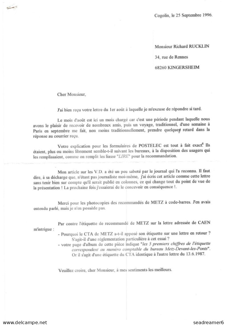 ESSAI De Recommandation à Code Barres METZ CTA (du 06/87 à 03/88)+ Etiquette Guichet Lettre Liberté De Gandon N°2426 RR - 1982-1990 Liberté De Gandon