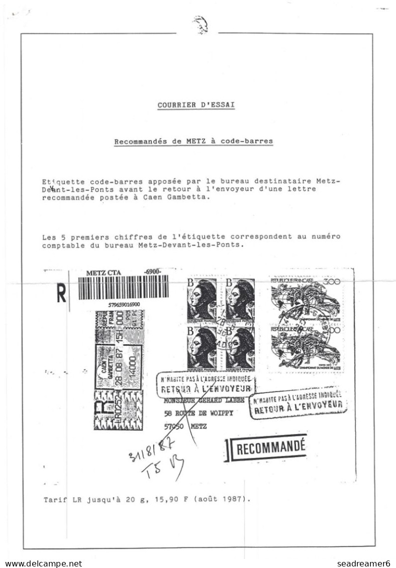ESSAI De Recommandation à Code Barres METZ CTA (du 06/87 à 03/88)+ Etiquette Guichet Lettre Liberté De Gandon N°2426 RR - 1982-1990 Liberté De Gandon