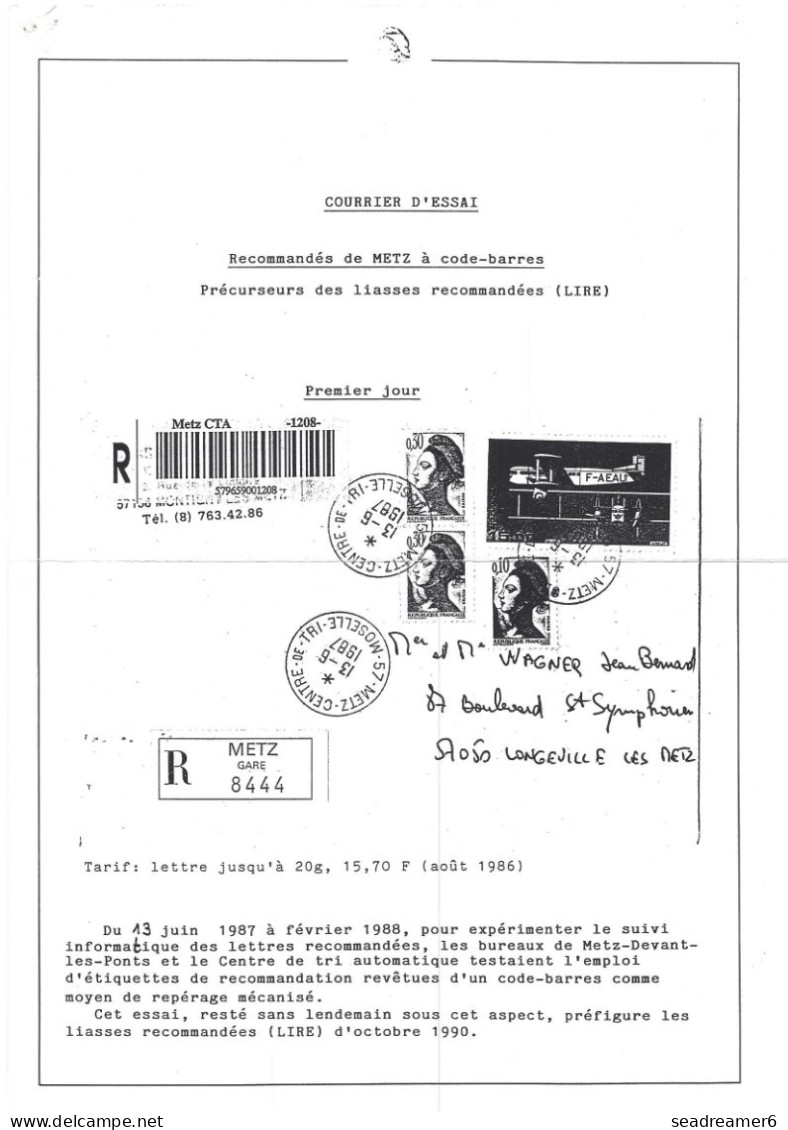 ESSAI De Recommandation à Code Barres METZ CTA (du 06/87 à 03/88)+ Etiquette Guichet Lettre Liberté De Gandon N°2426 RR - 1982-1990 Liberté (Gandon)