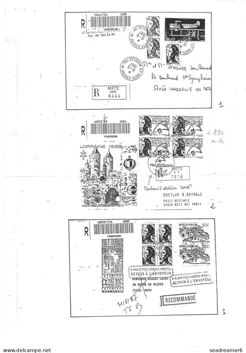 ESSAI de recommandation à code barres METZ CTA (du 06/87 à 03/88)+ etiquette guichet lettre liberté de Gandon n°2426 RR