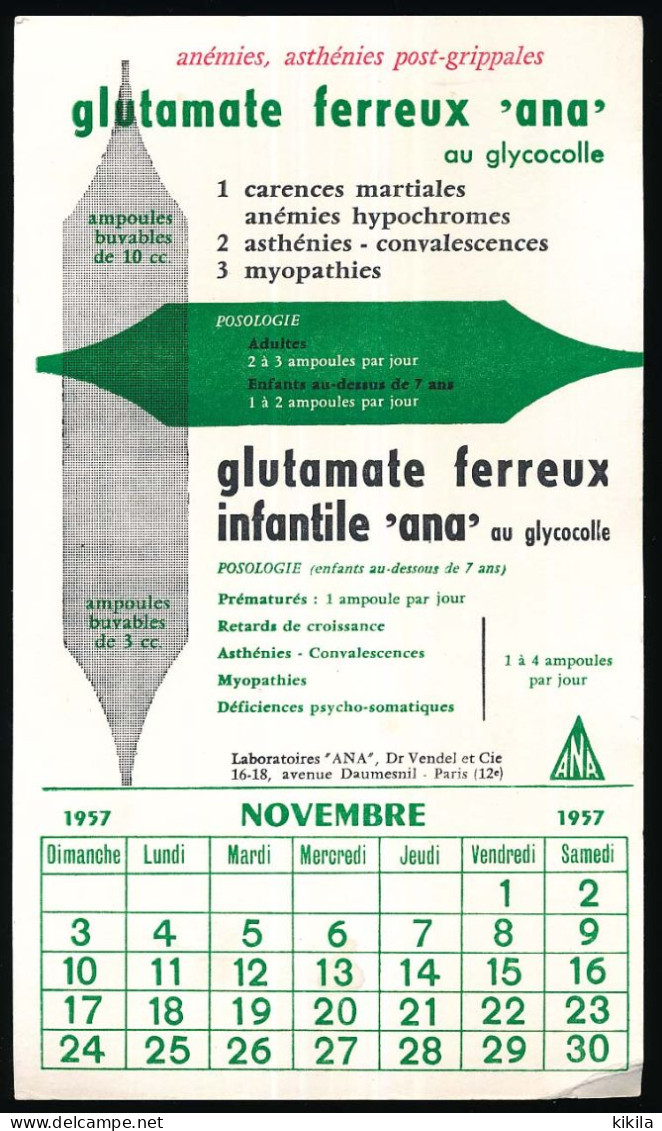 Buvard 12,2 X 20,9 Calendrier Novembre 1957   Laboratoires ANA Dr Vendel & Cie  Glutamate Ferreux - Droguerías