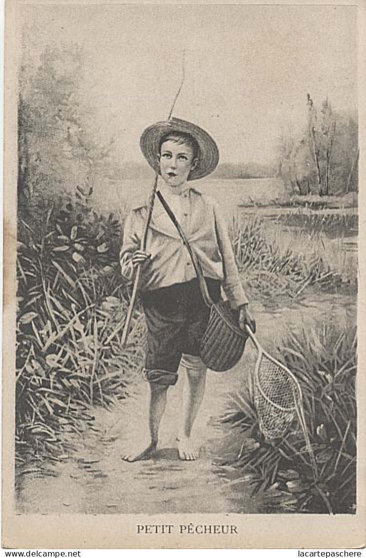 X8976 ENFANT PETIT GARCON PECHEUR A LA LIGNE DESSIN ILLUSTRATEUR PUBLICITE LA BELLE JARDINIERE C. BERIOT LILLE AU DOS - Pêche