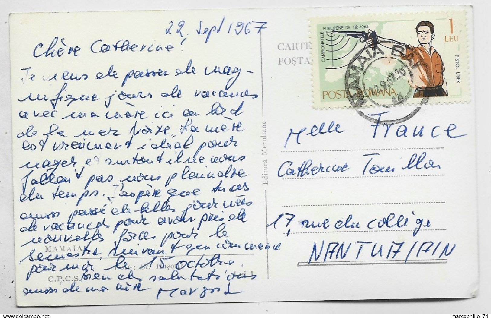 ROMANIA ROUMANIE 1 LEI CAMPION EUROPENE DE TIR SEUL SOLO CARTE MAMAIA 22.9.1967 TO FRANCE - Lettres & Documents