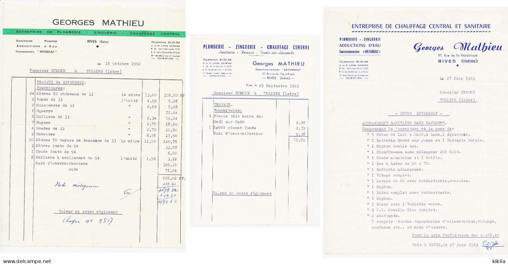 Factures Et Devis De 1962-63 à En-tête De GEORGES MATHIEU à Rives Sur Fure Isère 38 Plomberie Zinguerie Chauffage Centra - 1950 - ...