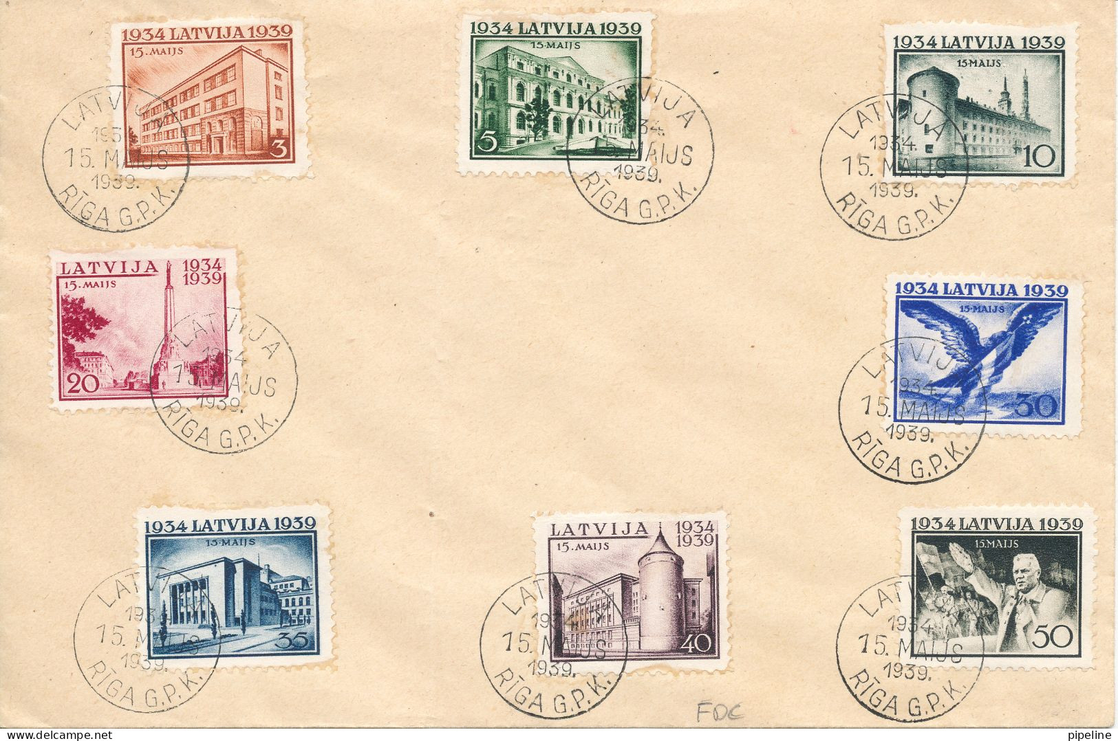 Latvia FDC 15-5-1939 Complete Set Of 8 Stamps The Cover Is Folded And With Hinged Marks On The Backside - Lettland