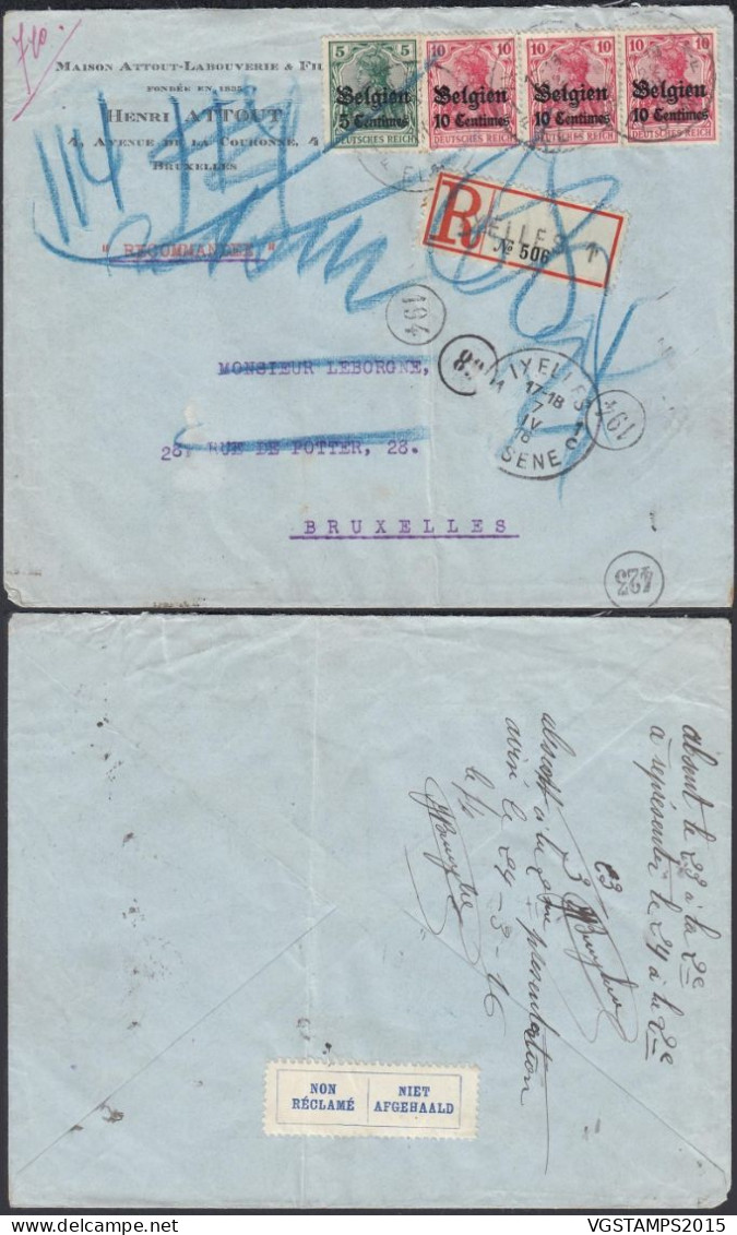 Belgique 1916 (Occupation Allemagne) - Lettre Recommandée Vers Bruxelles. Retour à L'envoyeur. .. (EB) AR-02464 - Deutsche Armee