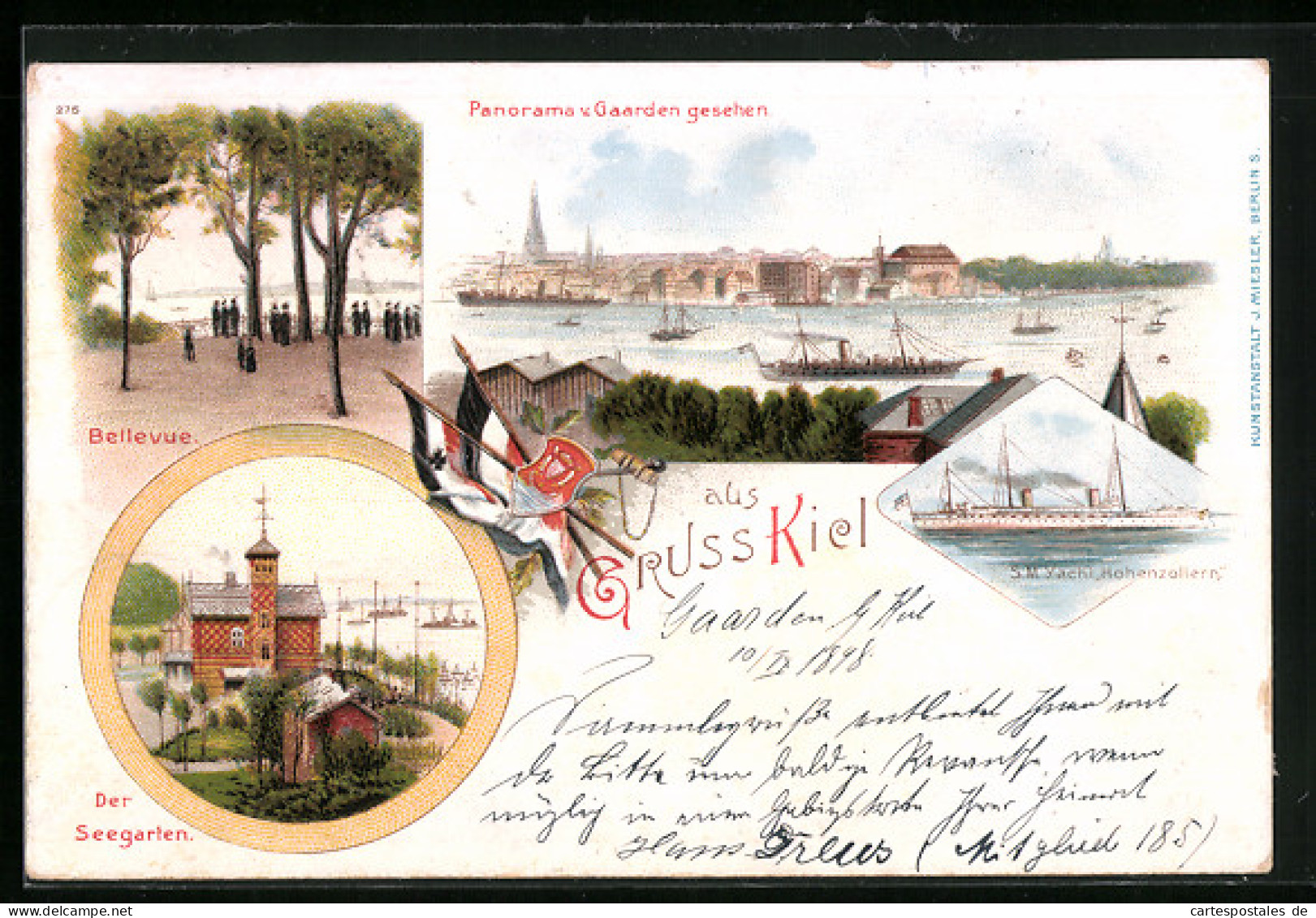 Lithographie Kiel, Panorama Von Gaarden Gesehen, Bellevue, Seegarten U. Die Kaiserliche Yacht Hohenzollern  - Kiel